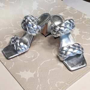 Marc Fisher‎ Hammy Silver Size 8 Braided Leather 3" Heeled Sandals Square Toe